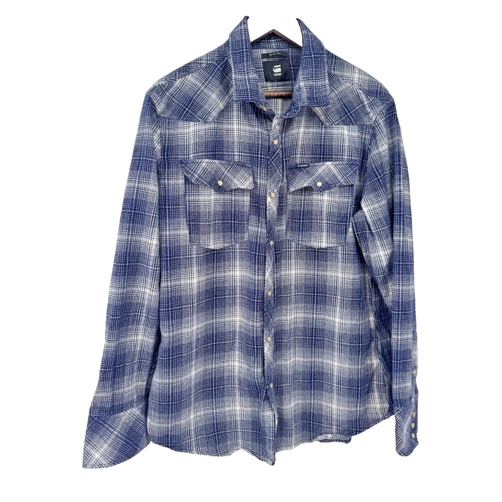 G-Star Raw Men's L Blue Plaid Pearl Snap Shirt 100% Cotton Western Cowboy